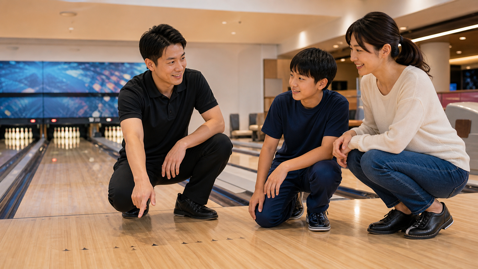 インストラクターが親子に投げ方を教える様子